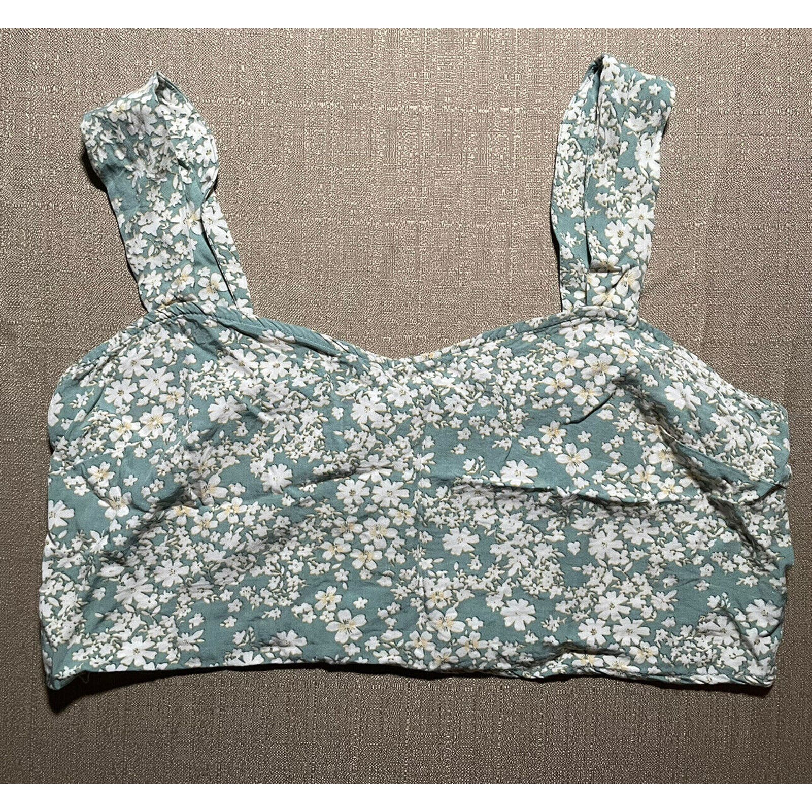Mimi Chica Women’s Large L Cropped Top Green Off White Floral Design Wide Straps